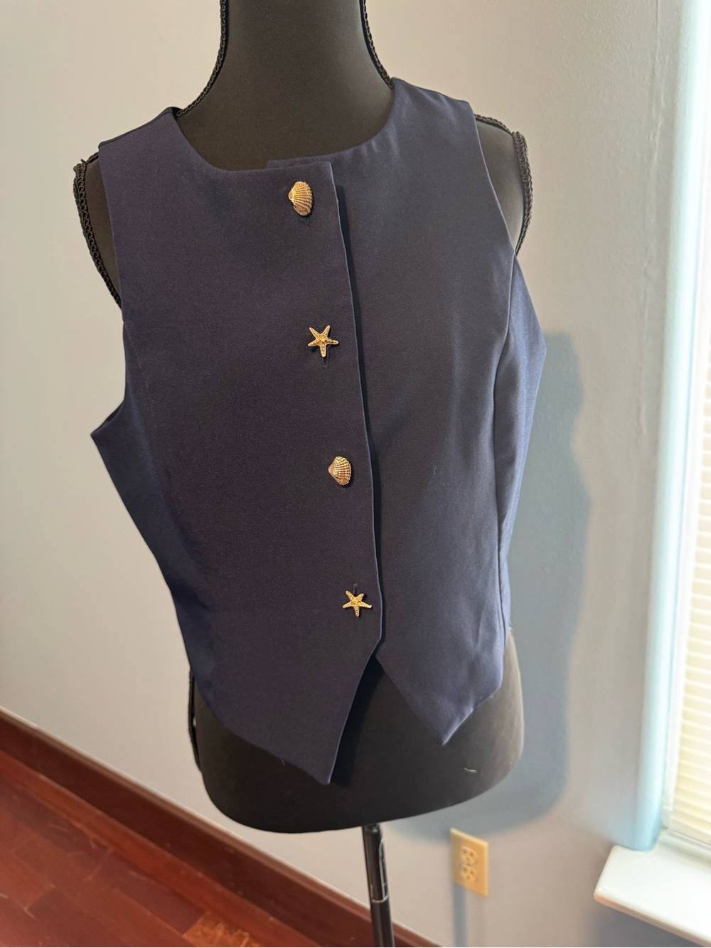 Monteau Navy Vest with Gold Shell Buttons